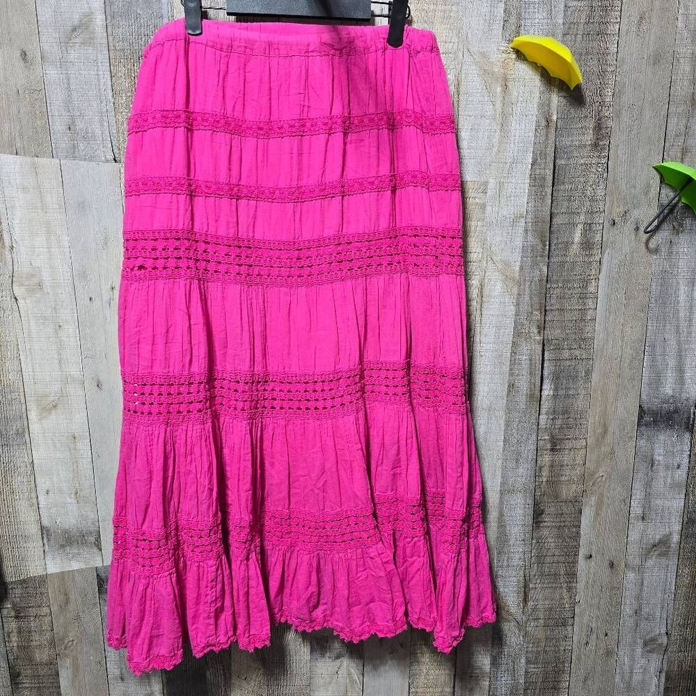 Bohemian Cafe Vintage Y2K Pink Eyelet Maxi Skirt Large Gypsy Femme Trendy Preppy